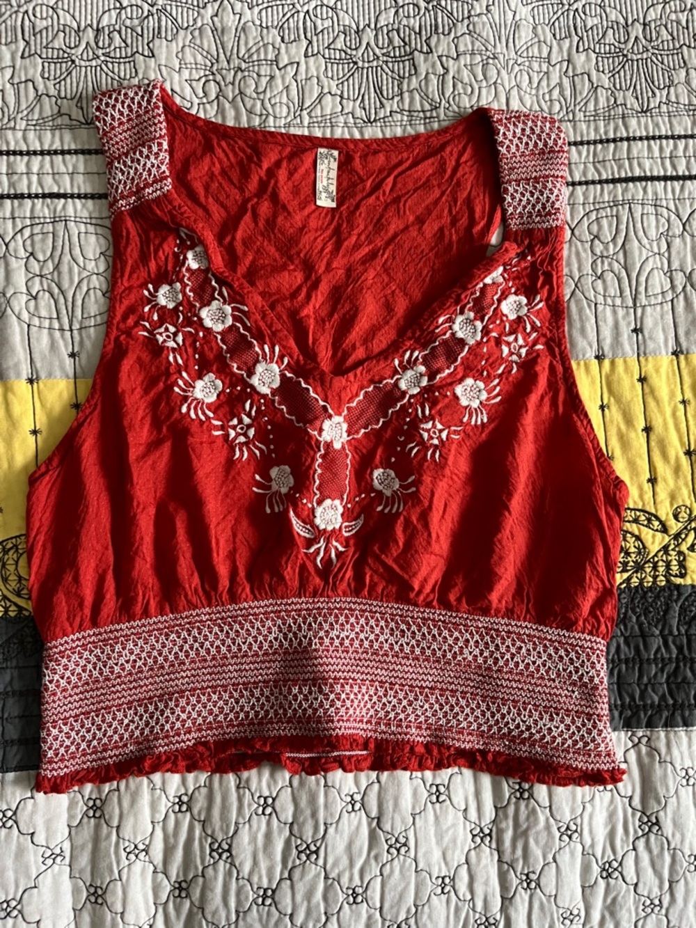 Free People Red Embroidered V-Neck Crop Tank